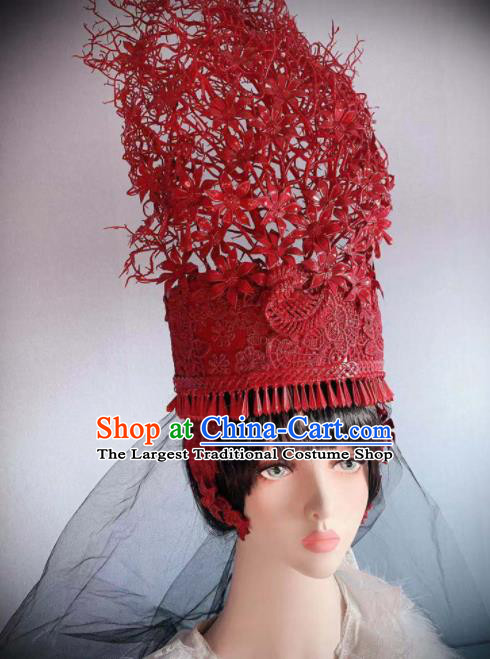 Traditional Chinese Deluxe Red Hat Hair Accessories Halloween Stage Show Headdress for Women