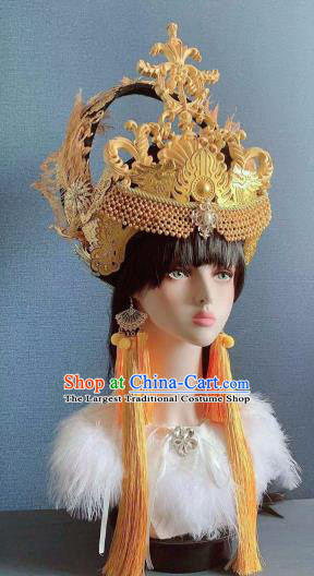 Traditional Chinese Deluxe Golden Feather Phoenix Coronet Hair Accessories Halloween Stage Show Headdress for Women