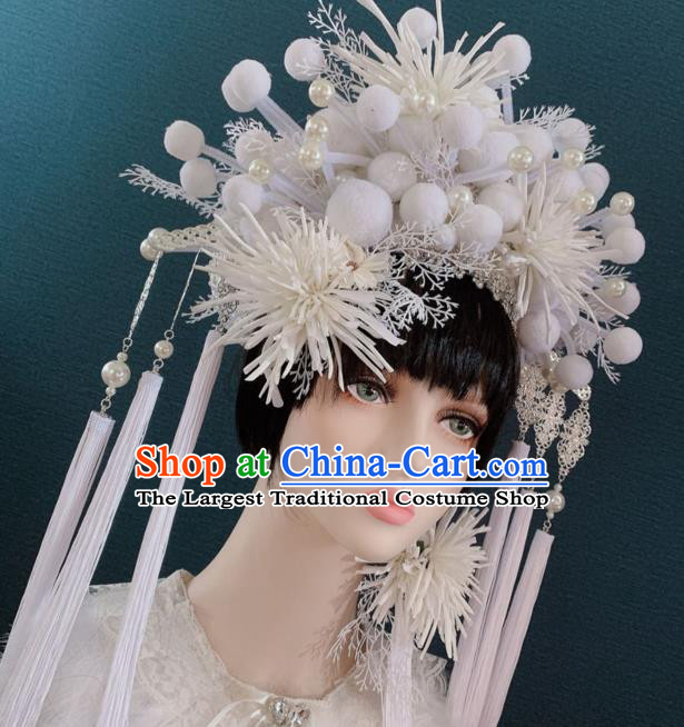 Traditional Chinese Deluxe Palace White Venonat Phoenix Coronet Hair Accessories Halloween Stage Show Headdress for Women