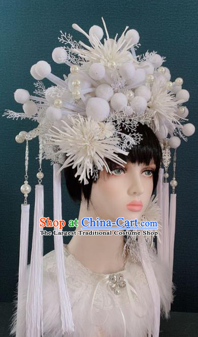 Traditional Chinese Deluxe Palace White Venonat Phoenix Coronet Hair Accessories Halloween Stage Show Headdress for Women