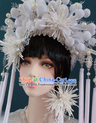 Traditional Chinese Deluxe Palace White Venonat Phoenix Coronet Hair Accessories Halloween Stage Show Headdress for Women