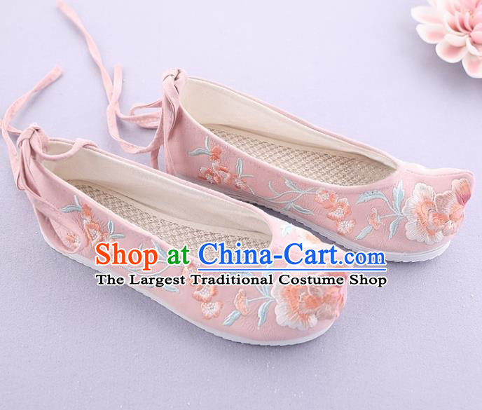 Traditional Chinese National Embroidered Pink Shoes Ancient Princess Cloth Shoes Handmade Hanfu Shoes for Women
