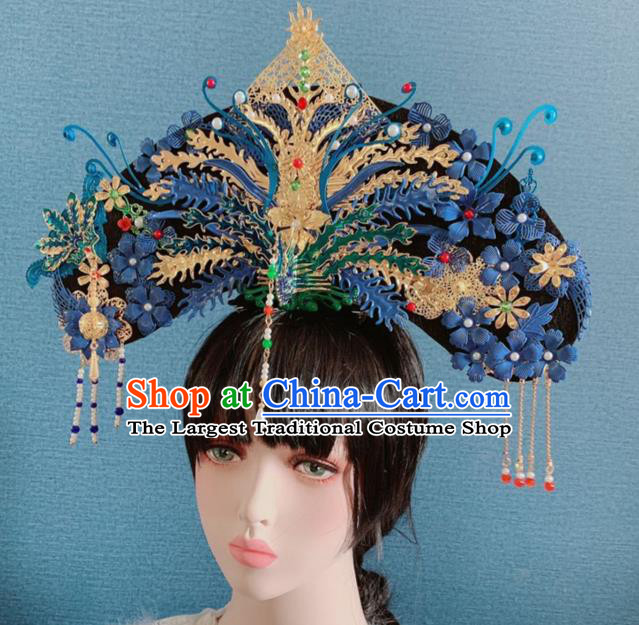Traditional Chinese Deluxe Qing Dynasty Blue Phoenix Coronet Hair Accessories Halloween Stage Show Headdress for Women