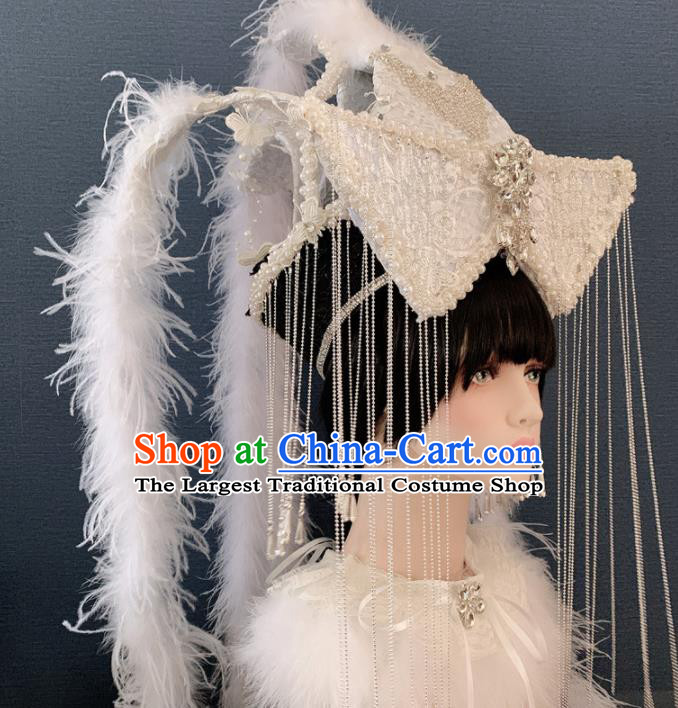 Traditional Chinese Deluxe White Feather Tassel Phoenix Coronet Hair Accessories Halloween Stage Show Headdress for Women