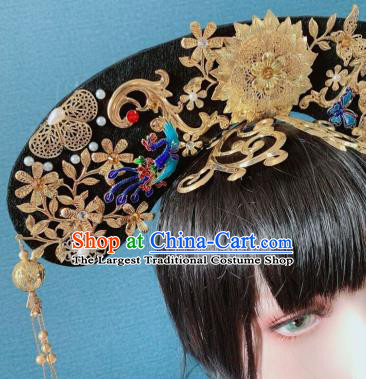 Traditional Chinese Deluxe Qing Dynasty Golden Peony Phoenix Coronet Hair Accessories Halloween Stage Show Headdress for Women