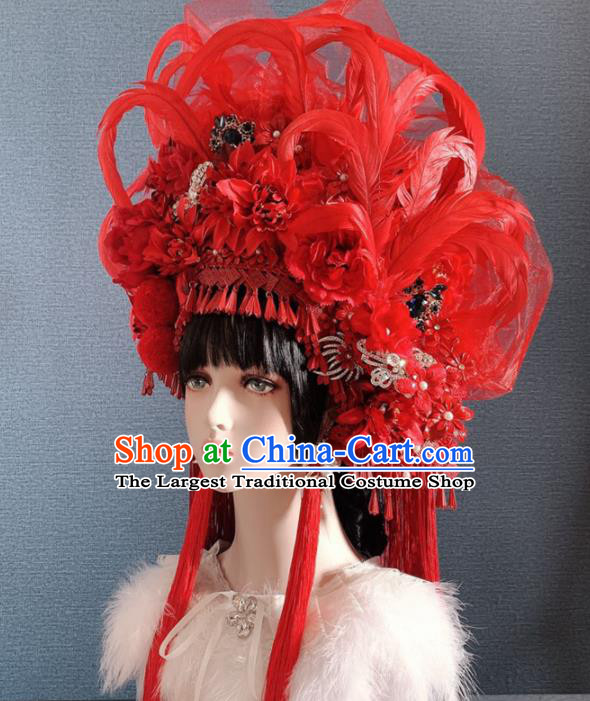 Traditional Chinese Deluxe Red Feather Phoenix Coronet Hair Accessories Halloween Stage Show Headdress for Women
