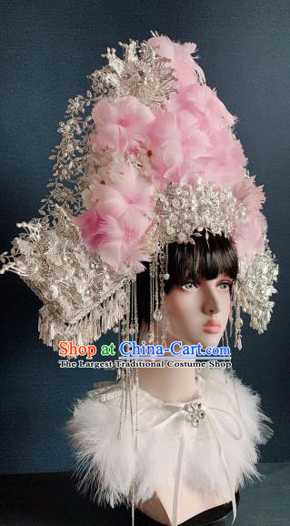 Traditional Chinese Deluxe Pink Feather Flowers Phoenix Coronet Hair Accessories Halloween Stage Show Headdress for Women