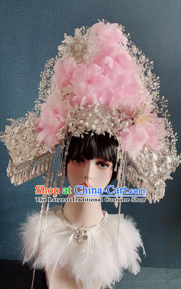 Traditional Chinese Deluxe Pink Feather Flowers Phoenix Coronet Hair Accessories Halloween Stage Show Headdress for Women