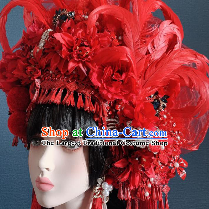 Traditional Chinese Deluxe Red Feather Phoenix Coronet Hair Accessories Halloween Stage Show Headdress for Women