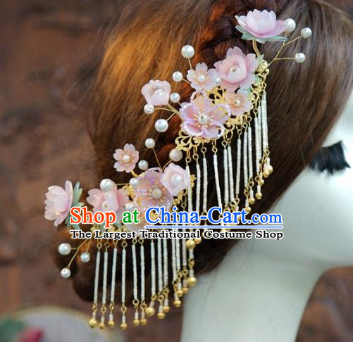 Traditional Chinese Handmade Hair Accessories Pink Flowers Hairpins Ancient Hanfu Tassel Hair Claws for Women