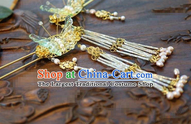 Traditional Chinese Handmade Court Green Butterfly Hairpins Hair Accessories Ancient Hanfu Hair Clip for Women