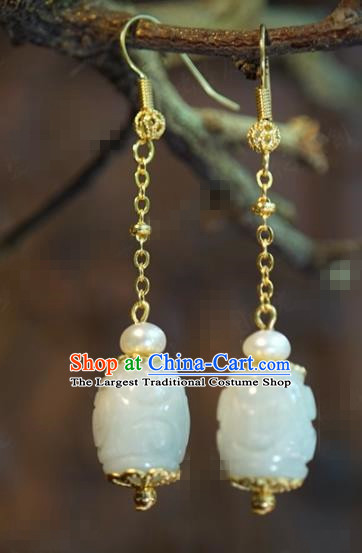 Traditional Chinese Handmade Court Jade Carving Ear Accessories Ancient Princess Earrings for Women