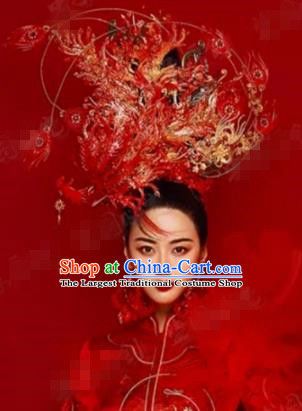 Traditional Chinese Wedding Hair Accessories Red Feather Phoenix Coronet Ancient Bride Hairpins Complete Set for Women