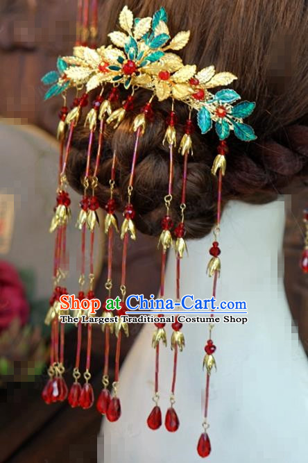 Traditional Chinese Handmade Court Red Tassel Hair Crown Hairpins Hair Accessories Ancient Queen Hanfu Hair Clip for Women