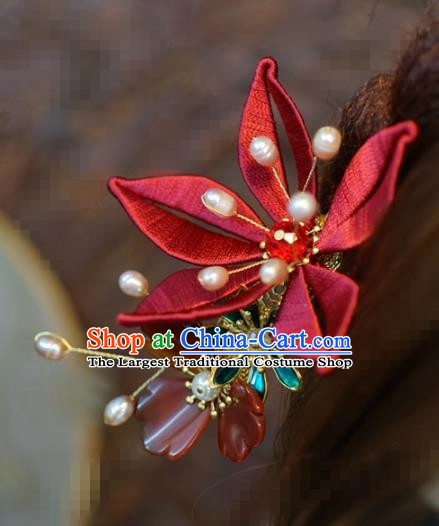 Traditional Chinese Handmade Court Agate Hairpins Hair Accessories Ancient Queen Hanfu Red Flower Hair Clip for Women