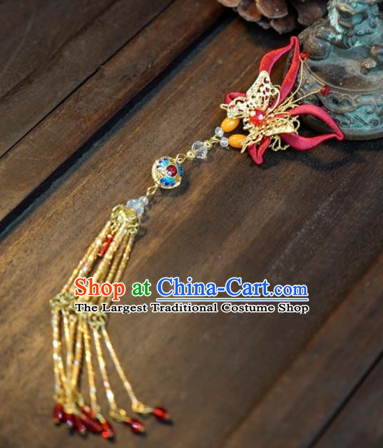 Traditional Chinese Handmade Court Red Butterfly Brooch Jewelry Accessories Ancient Princess Tassel Breastpin for Women