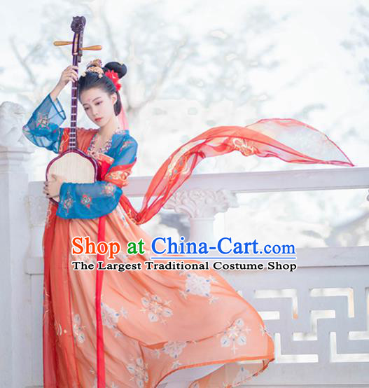 Traditional Chinese Tang Dynasty Court Princess Replica Costumes Ancient Palace Lady Orange Hanfu Dress for Women
