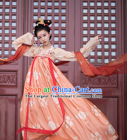 Traditional Chinese Tang Dynasty Imperial Consort Replica Costumes Ancient Court Princess Orange Hanfu Dress for Women