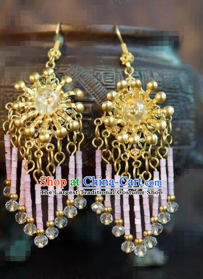 Traditional Chinese Handmade Court Ear Accessories Ancient Princess Pink Beads Tassel Earrings for Women