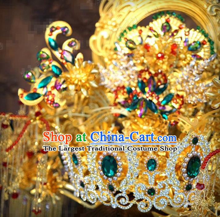 Traditional Chinese Wedding Luxury Golden Phoenix Coronet Hair Accessories Ancient Bride Tassel Hairpins Complete Set for Women
