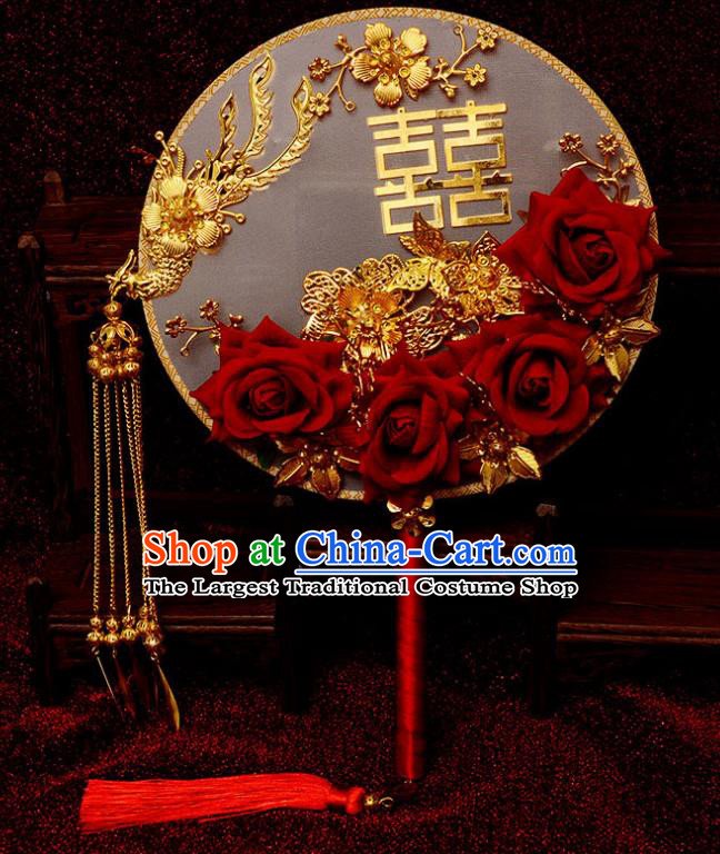 Traditional Chinese Handmade Court Wedding Phoenix Round Fans Ancient Bride Red Roses Palace Fan for Women