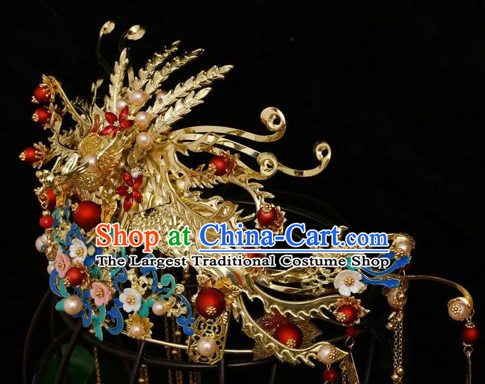 Traditional Chinese Wedding Golden Phoenix Coronet Luxury Hair Accessories Ancient Bride Hairpins Complete Set for Women