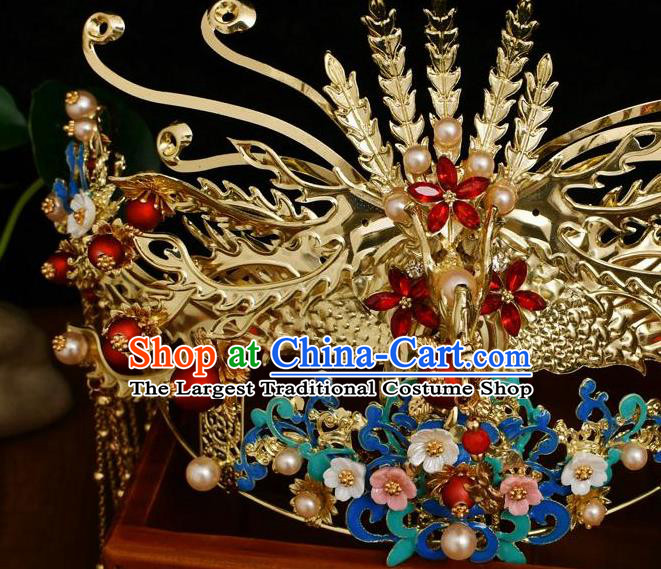 Traditional Chinese Wedding Golden Phoenix Coronet Luxury Hair Accessories Ancient Bride Hairpins Complete Set for Women