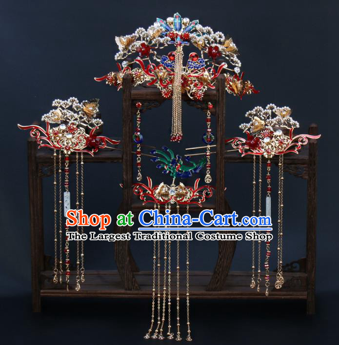 Traditional Chinese Wedding Pine Phoenix Coronet Luxury Hair Accessories Ancient Bride Hairpins Complete Set for Women