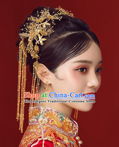 Traditional Chinese Wedding Court Golden Hair Clips Hair Accessories Ancient Bride Tassel Hairpins Complete Set for Women