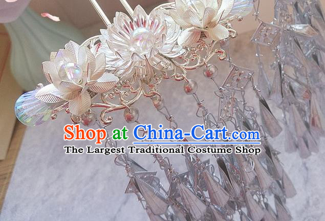 Traditional Chinese Hanfu White Lotus Tassel Hair Clip Ancient Court Queen Hairpins Handmade Hair Accessories for Women