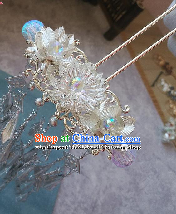 Traditional Chinese Hanfu White Lotus Tassel Hair Clip Ancient Court Queen Hairpins Handmade Hair Accessories for Women