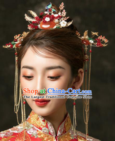 Traditional Chinese Wedding Agate Hair Comb Hair Accessories Ancient Bride Tassel Hairpins Complete Set