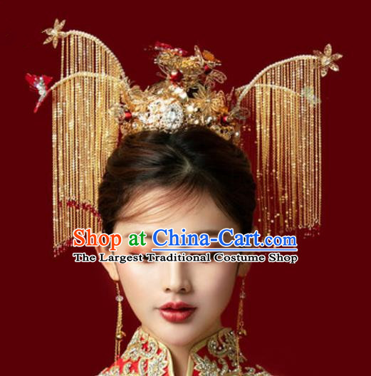 Traditional Chinese Wedding Luxury Tassel Phoenix Coronet Hair Accessories Ancient Bride Hairpins Complete Set