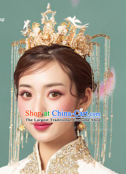 Traditional Chinese Wedding Luxury Pine Tassel Phoenix Coronet Hair Accessories Ancient Bride Hairpins Complete Set