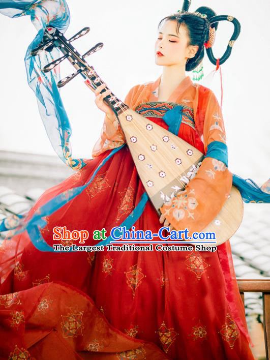 Traditional Chinese Tang Dynasty Royal Princess Replica Costumes Ancient Flying Apsaras Red Hanfu Dress for Women