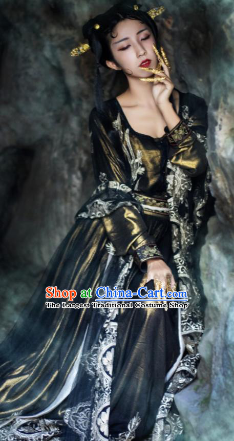 Traditional Chinese Tang Dynasty Princess Replica Costumes Ancient Apsaras Peri Black Hanfu Dress for Women