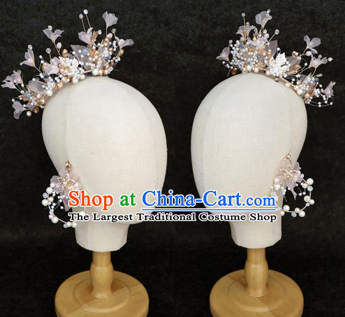 Handmade Baroque Princess Pink Silk Flowers Royal Crown Children Hair Clasp Hair Accessories for Kids