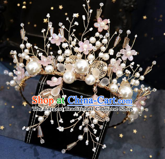 Handmade Baroque Princess Pink Flowers Royal Crown Children Hair Clasp Hair Accessories for Kids