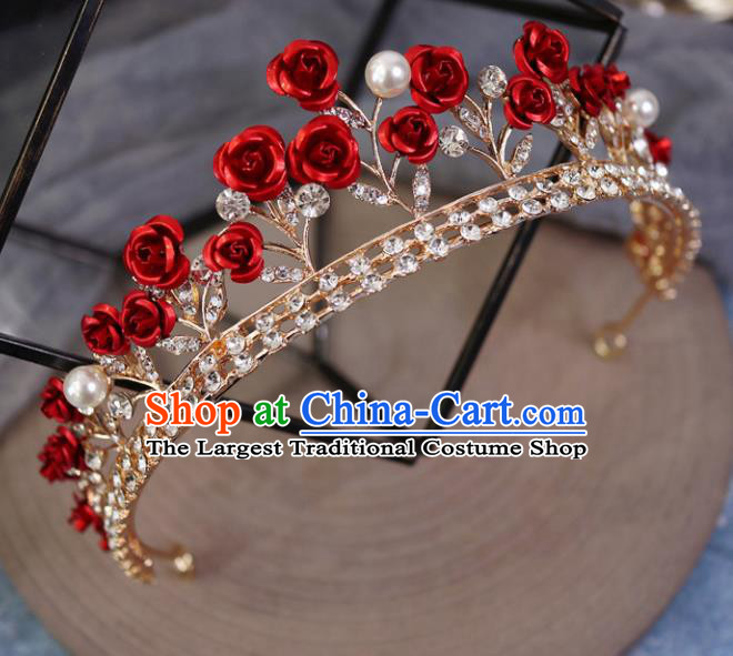 Handmade Baroque Princess Red Roses Royal Crown Children Hair Clasp Hair Accessories for Kids