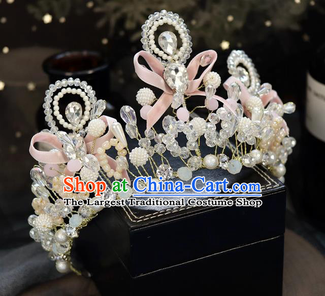Handmade Baroque Princess Pearls Pink Bowkont Royal Crown Children Hair Clasp Hair Accessories for Kids