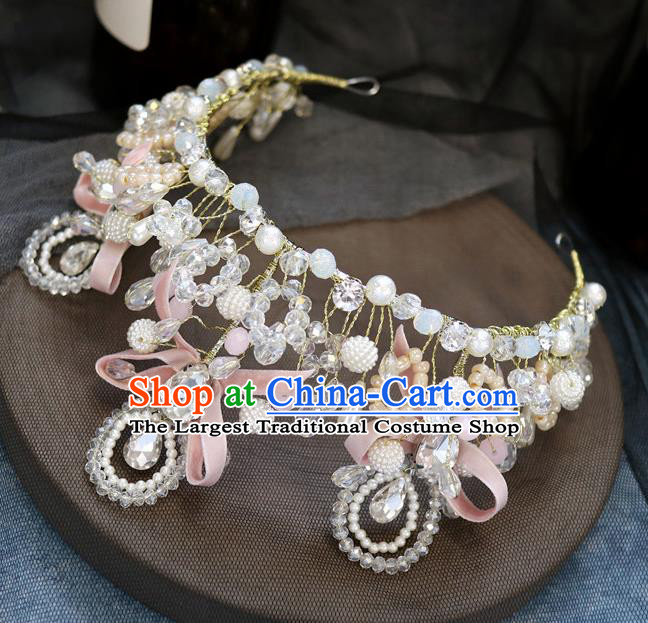 Handmade Baroque Princess Pearls Pink Bowkont Royal Crown Children Hair Clasp Hair Accessories for Kids