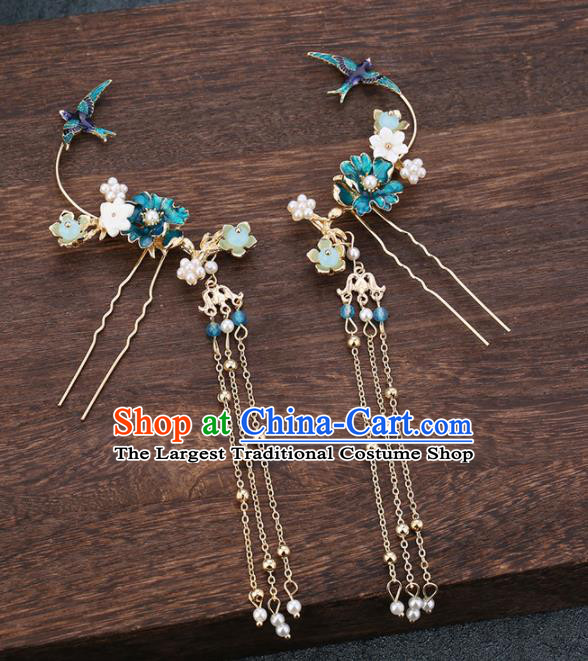 Traditional Chinese Wedding Handmade Blue Birds Hair Comb Ancient Bride Hairpins Hair Accessories Complete Set