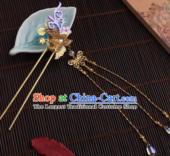 Traditional Chinese Hanfu Golden Butterfly Tassel Hair Clip Ancient Court Princess Hairpins Handmade Hair Accessories for Women