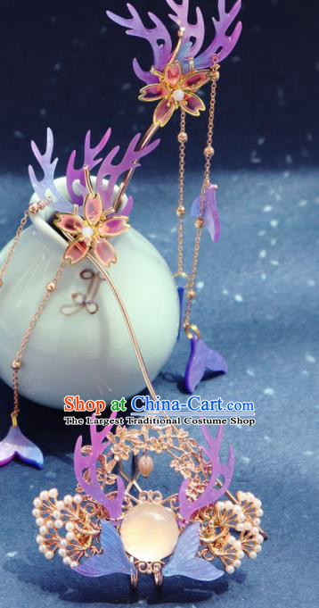 Traditional Chinese Hanfu Purple Antler Hair Crown Ancient Court Princess Hairpins Hair Accessories for Kids