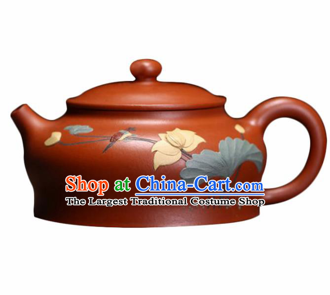 Traditional Chinese Handmade Painting Lotus Zisha Teapot Dark Red Clay Pottery Teapot