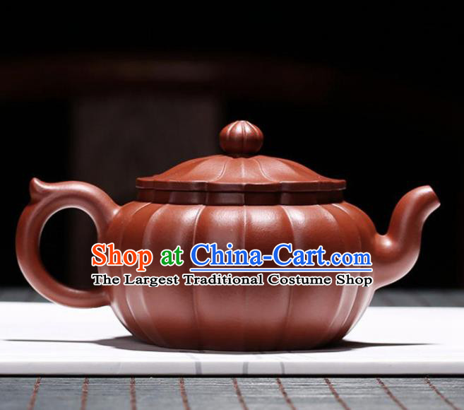 Traditional Chinese Handmade Carving Chrysanthemum Zisha Teapot Dark Red Clay Pottery Teapot