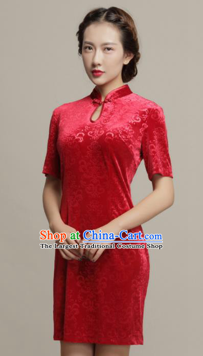 Chinese Traditional Classical Red Velvet Cheongsam National Tang Suit Qipao Dress for Women