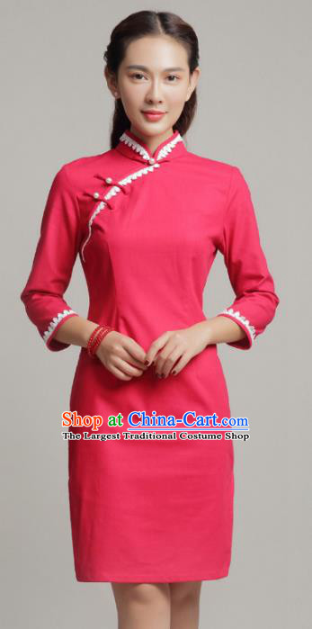 Chinese Traditional Classical Rosy Short Cheongsam National Tang Suit Qipao Dress for Women