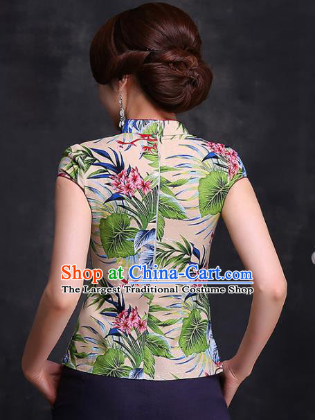 Chinese Traditional Tang Suit Printing Beige Blouse Classical National Shirt Upper Outer Garment for Women