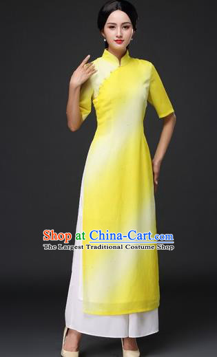 Chinese Traditional Classical Dance Yellow Cheongsam National Costume Tang Suit Qipao Dress for Women